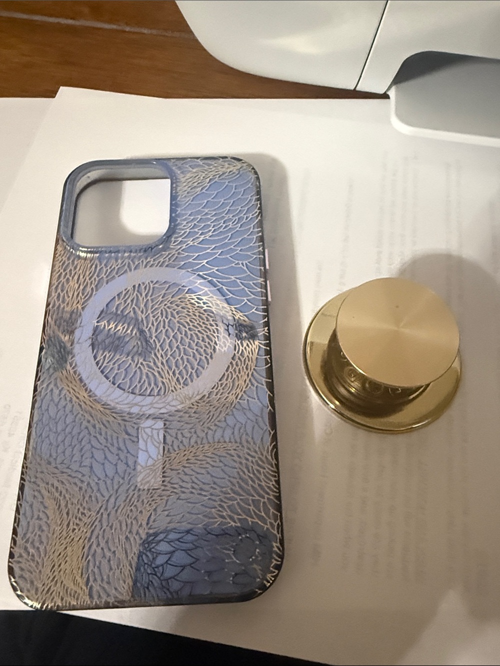 Blue Decorative Phone Case with Gold Pop Socket